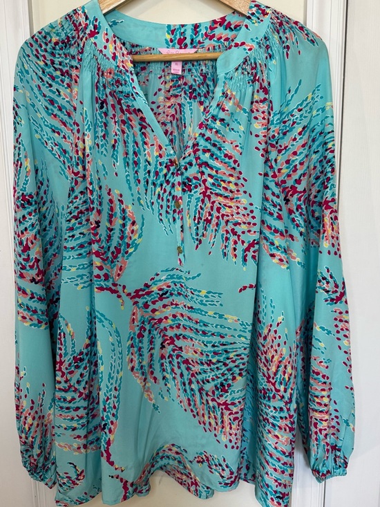 Lilly Pulitzer Tops - Lilly Pulitzer Aqua Multi-Color Printed Peasant Blouse